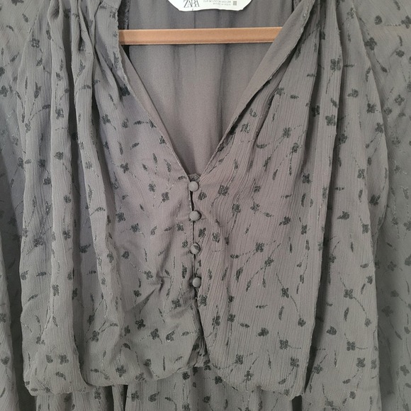Zara Shift Dress Womens M Black Chiffon Velvet Floral V Neck Button Pullover - Picture 3 of 8